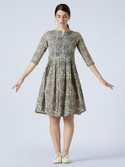 Okhai - Beige Bird Spirit Cotton Kalamkari Knee Length Dress
