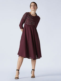 Okhai - Maroon 'Taahira' Embroidery Work Pure Cotton Dress