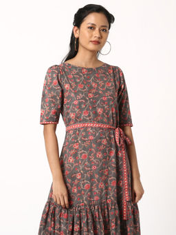 Okhai - Grey Damsel Pure Cotton Hand Block Printed Dress