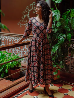 Okhai - Black Pushp Pure Cotton Hand Block Printed Dress