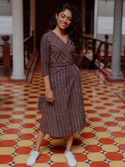 Okhai - Brown Musical Notes Pure Cotton Hand Block Printed Ajrakh Wrap Dress