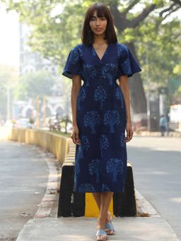 Okhai - 'Magical Chemistry' Pure Cotton Indigo Hand Block Printed Dress