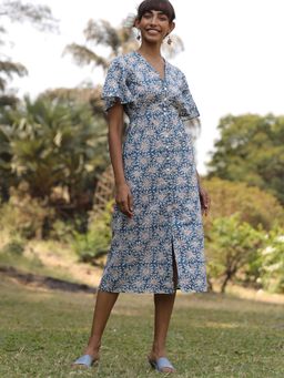 Okhai - 'Flower Field' Pure Cotton Indigo Hand Block Printed Dress