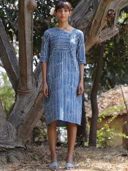Okhai - 'Vintage Blue' Pure Cotton Indigo Hand Block Printed Dress