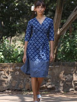 Okhai - 'Jelly Fish' Pure Cotton Hand Block Printed Indigo Wrap Dress