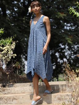 Okhai - 'Passionate Story' Pure Cotton Hand Block Printed Indigo Sleeveless Dress