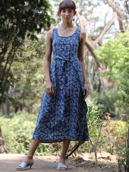 Okhai - 'Blue Moon' Pure Cotton Hand Block Printed Indigo Sleeveless Dress