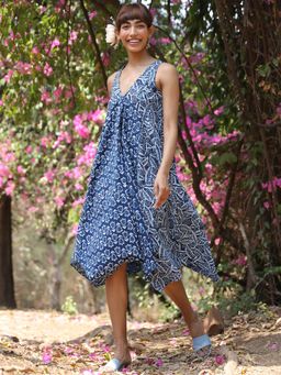 Okhai - 'Dream Dance' Pure Cotton Hand Block Printed Indigo Sleeveless Dress