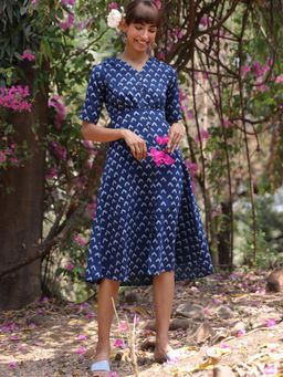 Okhai - 'Butterfly Bush' Pure Cotton Hand Block Printed Indigo Dress