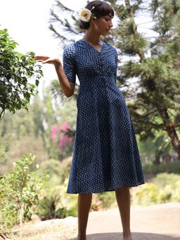 Okhai - 'Ocean Voyage' Pure Cotton Hand Block Printed Indigo Dress