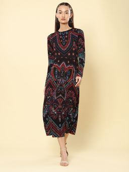 Label Ritu Kumar - Black Jersey Floral Print Midi Dress