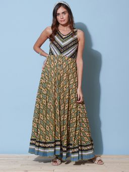 Label Ritu Kumar - Pink V Neck Sleeveless Printed Long Dress