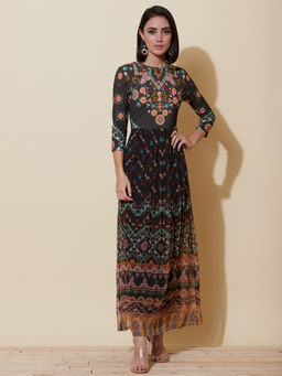 Label Ritu Kumar - Black Mandarin Collar Printed Long Dress