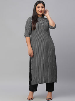 Extra love by Libas - Plus Size Women Black Striped Rayon Kurtas for Women