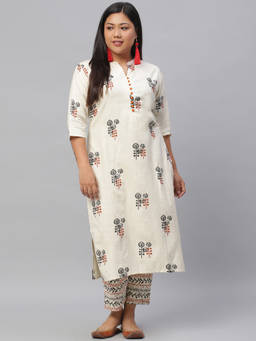 Extra love by Libas - Plus Size Women Off-White Printed Cotton Straight Kurta Sets for Women