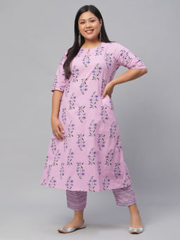 Extra love by Libas - Plus Size Women Purple Printed Cotton A-Line Kurta Sets for Women