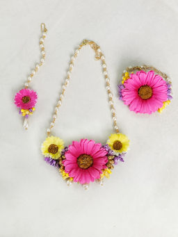 Lime By Manika - Garden Floral Necklace, Bracelet & Mang Teeka Set - Magenta and Yellow