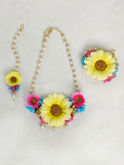 Lime By Manika - Eden Floral Necklace, Bracelet & mang Teeka Set - Multicoloured