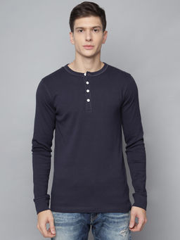 LINDBERGH - Navy Blue Solid Henley Neck T-shirt