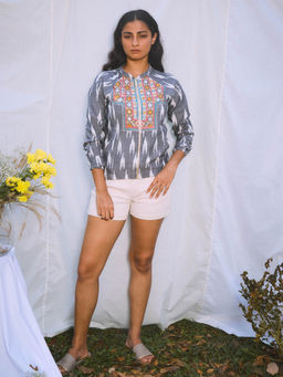 Okhai - 'Banjaara' Hand Embroidered Mirror Work Cotton Ikat Bomber Jacket