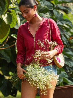 Okhai - 'Cherry Me' Hand Embroidery Pure Cotton Bomber Jacket