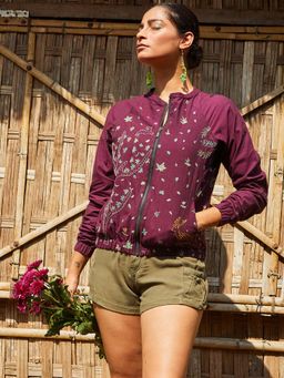 Okhai - 'Night Forest' Hand Embroidery Mirror Work Pure Cotton Bomber Jacket