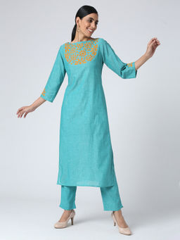 Okhai - Turquoise 'Kumud' Applique Work Cotton Kurta & Pant Set (Set of 2)