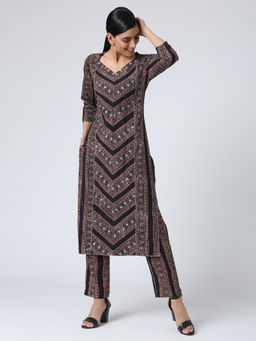 Okhai - Black Bodhi Mirror Work Ajrakh Cotton Kurta With Pant (Set of 2)