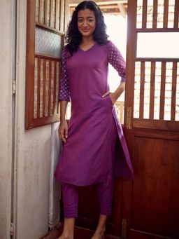 Okhai - 'Salvia' Hand Embroidered Mirror Work Pure Cotton Long Kurta Pant (Set of 2)