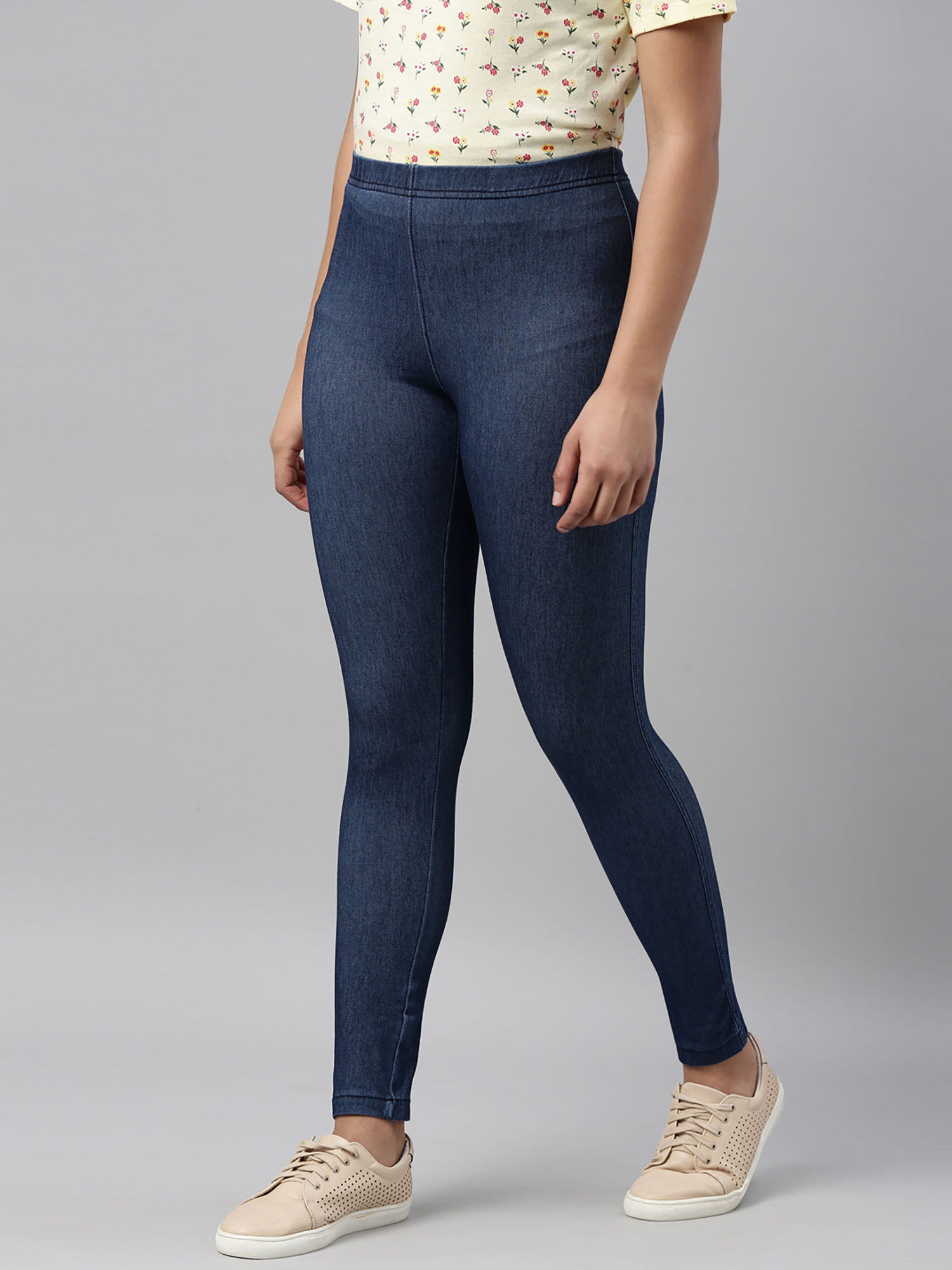 Blue Solid Mid Rise Denim Leggings 