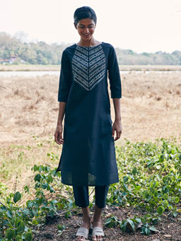 Okhai - Majestic Hand Embroidered Mirror Work Pure Cotton Long Kurta