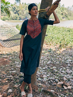 Okhai - Brave Heart Hand Embroidered Mirror Work Pure Cotton Long Kurta