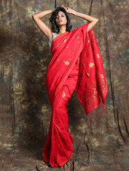 CHARUKRITI - Embellished Linen Saree With Unstitched Blouse Allover Leaf Motif Weaving- Organic Linen