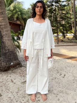 Okhai - 'Sanctity' Pure Organic Cotton Hand Embroidered Night Suit - White
