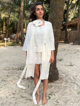 Okhai - 'Reindeer' Pure Organic Cotton Hand Embroidered Night Suit - White