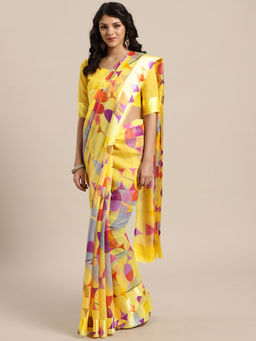 Sareemall - Yellow Cotton Blend Satin Border Printed Saree With Unstitched Blouse