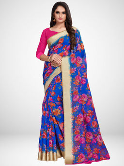 Sareemall - Blue Linen Printed Saree with Unstitched Blouse