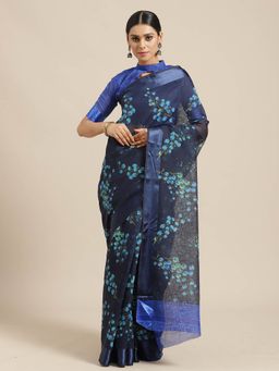 Sareemall - Navy Blue Floral Printed Saree