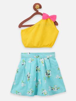 Lilpicks - Yellow Bow Crop Top with Floral Skrit (Set of 2)
