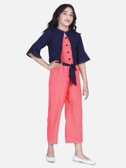 Lilpicks - Coral Polka Smocking Jumpsuit with Shrug Set