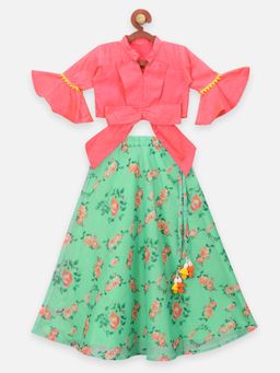Lilpicks - Green Floral Print Lehenga With Elegant Bell Sleeve Blouse - Set of 2