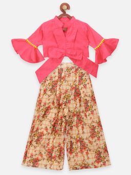 Lilpicks - Beige Floral Flared Palazzo With Elegant Bell Sleeve Blouse - Set of 2