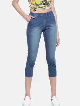 Go Colors - Blue Cropped Denim Stretch Pants
