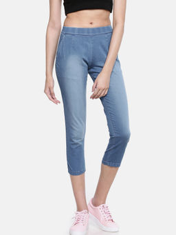 Go Colors - Light Blue Cropped Denim Stretch Pants
