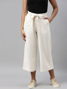 Go Colors - Women Cream Solid Linen Mid Rise Culottes