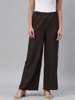 Go Colors - Women Dark Brown Solid Viscose Knit Mid Rise Palazzos