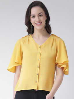 Latin Quarters - Yellow Solid Flared Sleeves Top