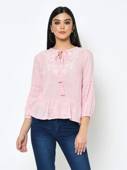 Latin Quarters - Pink Embroidered 3/4th Sleeve Top