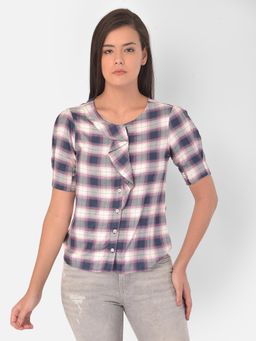 Latin Quarters - Check Shirt Style Top with Ruffle Neck