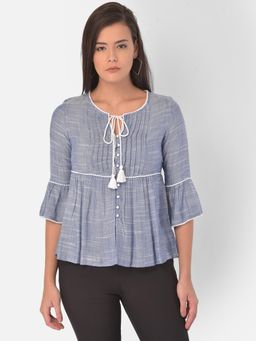 Latin Quarters - Blue Slub Pom-Pom Lace Top